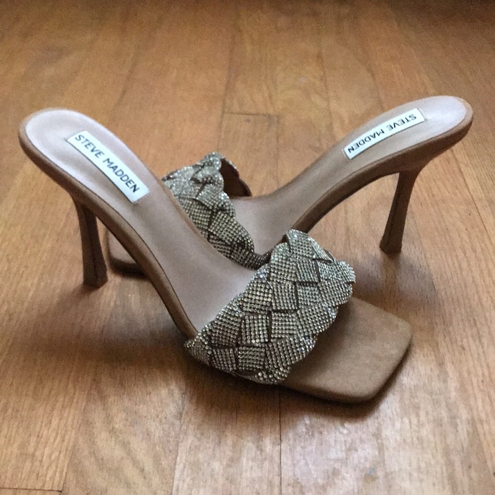 Steve Madden Jazlin Rhinestone Square Open Toe Stiletto Mule Heeled Sandal - Picture 8 of 16